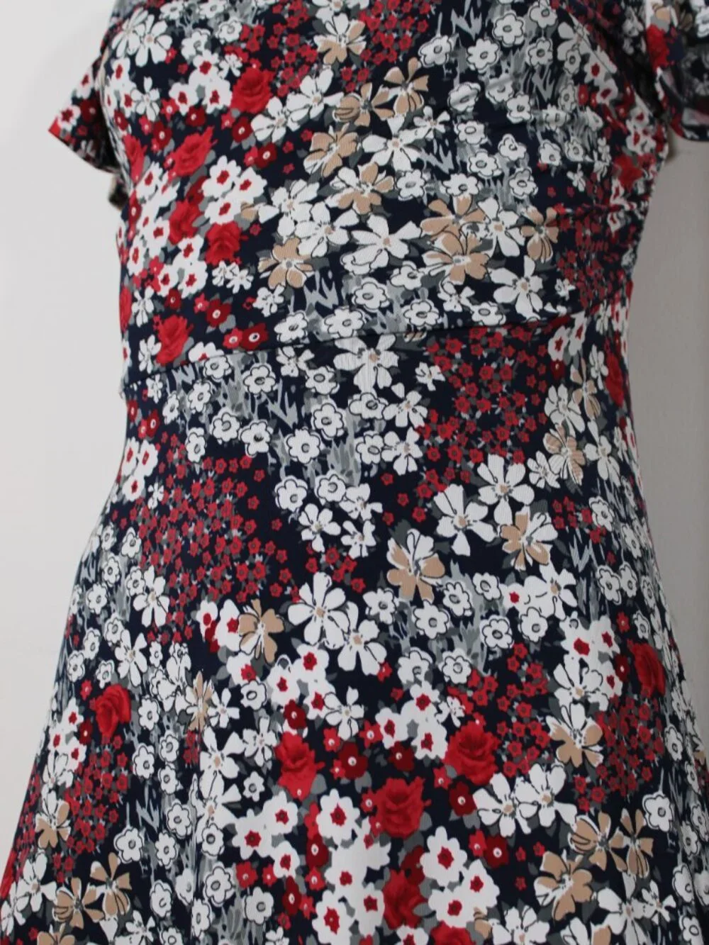 Kaileigh Amandine Floral Faux-Wrap Knit Dress Navy Red Medium